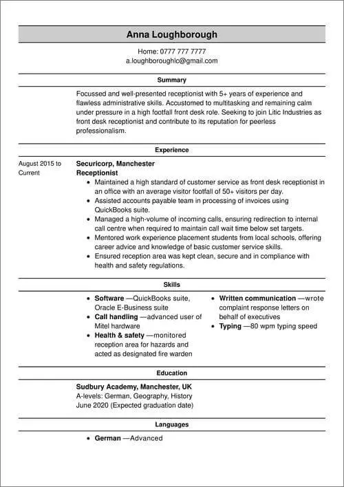 model de CV de bază