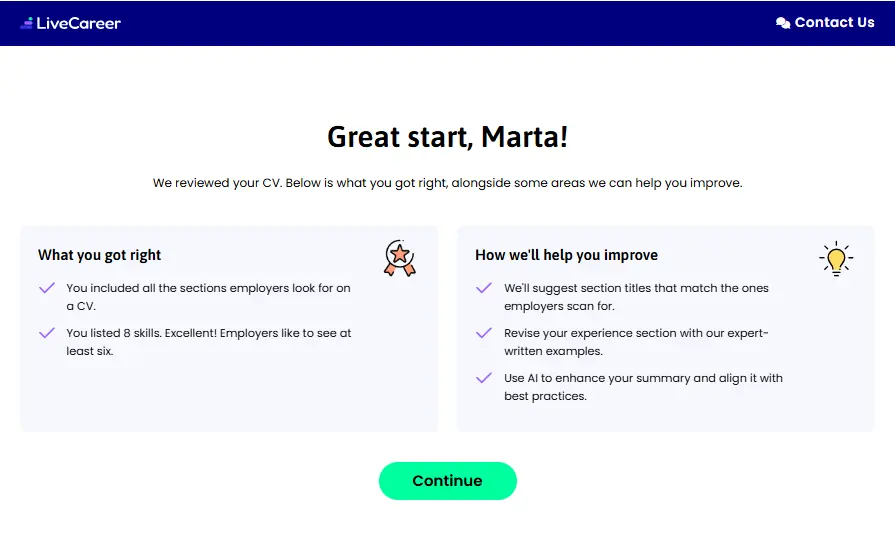 Captură de ecran a funcției de revizuire a CV-urilor pentru constructorul de CV-uri LiveCareer