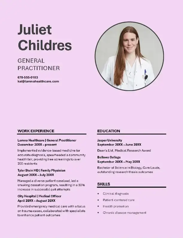 Model simplu de CV pentru asistență medicală