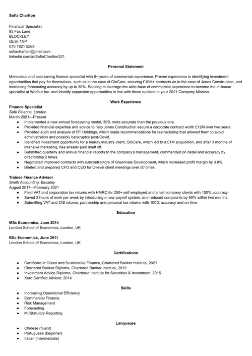 exemplu de CV pentru finanțe