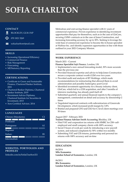 exemplu de CV pentru finanțe
