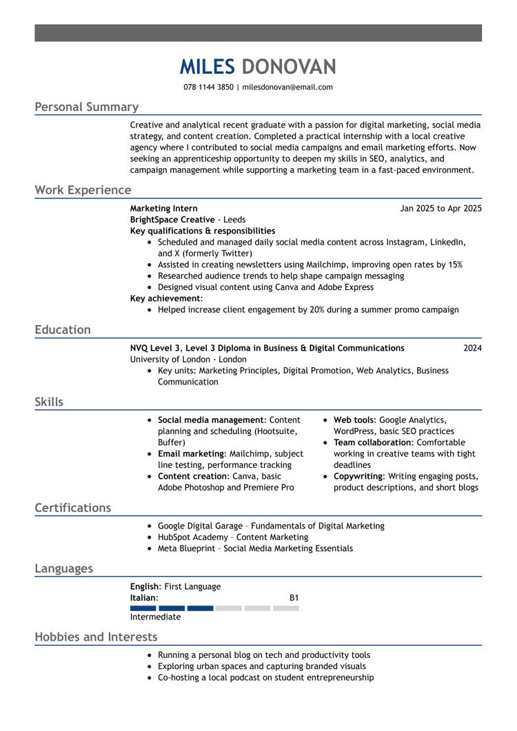Exemplu de CV pentru ucenicie