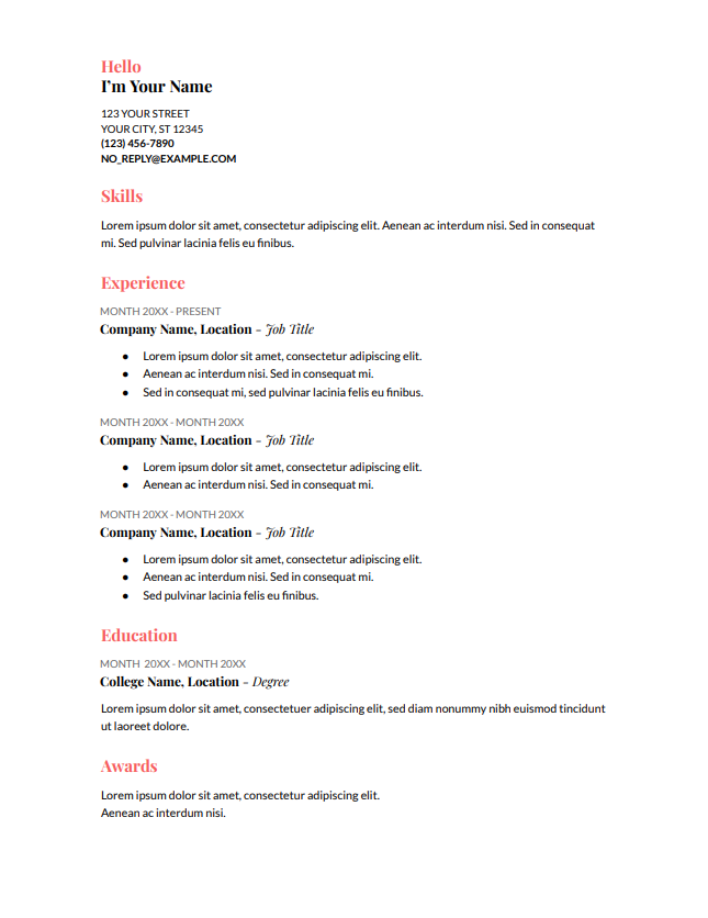 șablon gratuit de CV Google Docs