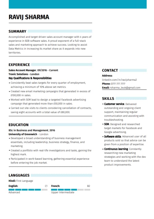 șablon gratuit de CV Google Docs