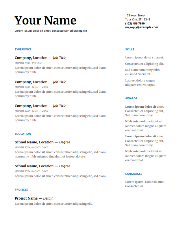 șablon gratuit de CV Google Docs
