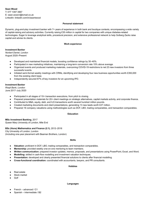 exemplu de CV pentru servicii bancare de investiții