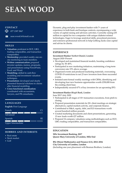 exemplu de CV pentru servicii bancare de investiții