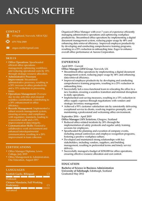 exemplu de CV de manager