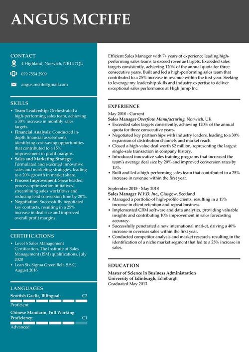 exemplu de CV de manager