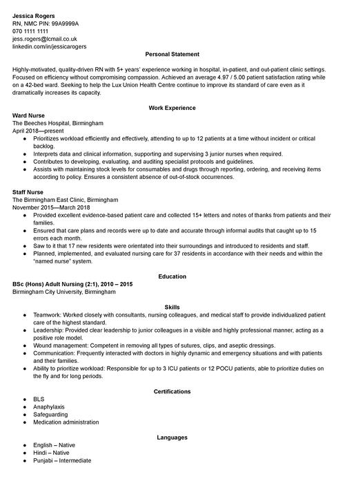exemplu de CV pentru asistent medical