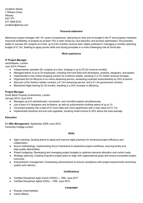 exemplu de CV pentru manager de proiect