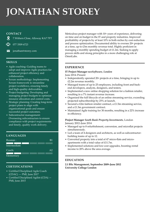 exemplu de CV pentru manager de proiect