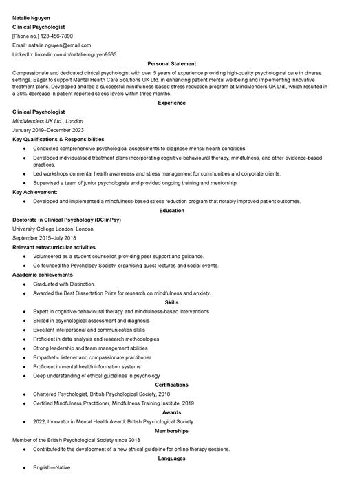 exemplu de CV la psiholog