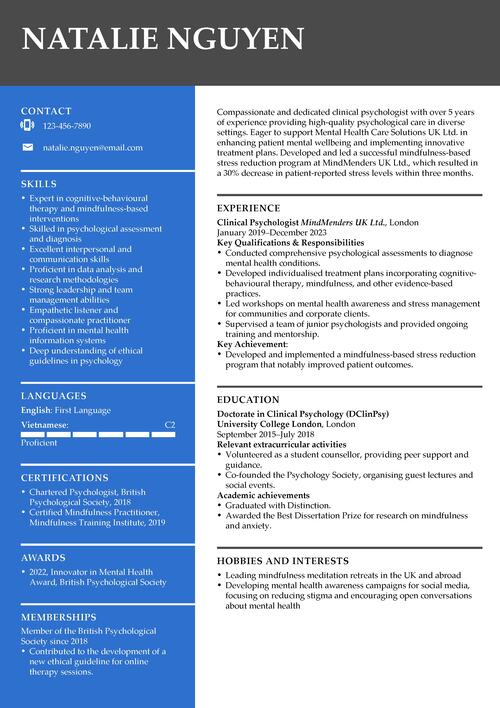 exemplu de CV la psiholog