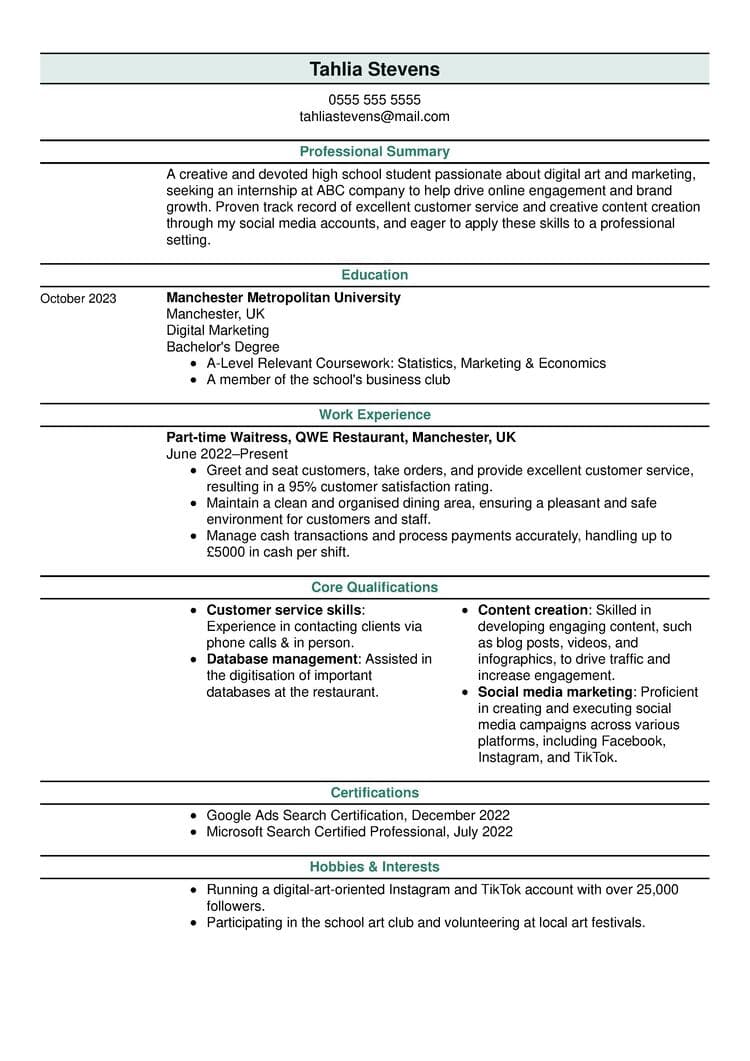 CV-ul studentului de liceu