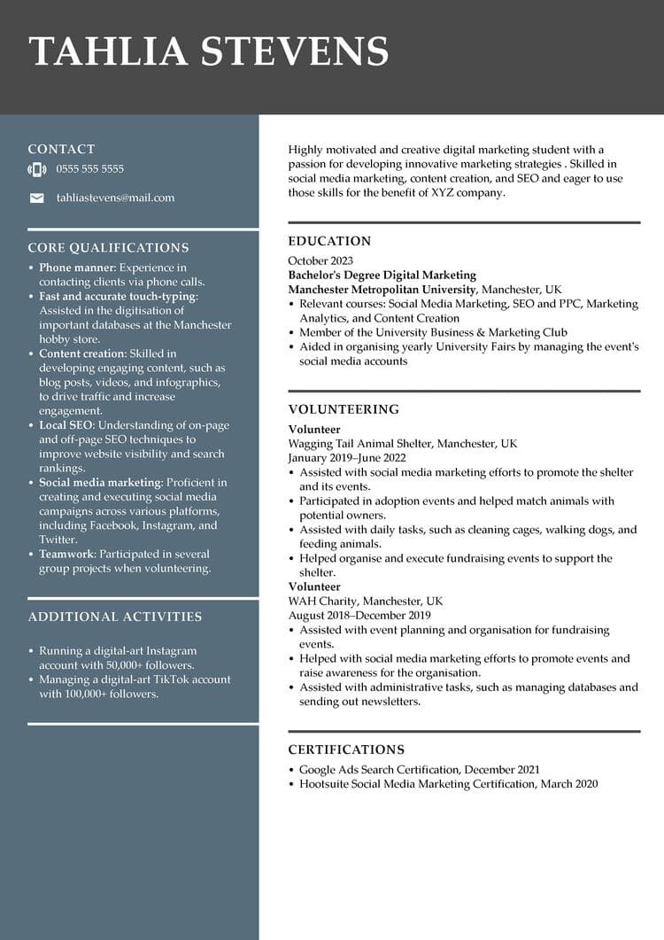 Exemplu de CV student fără experiență
