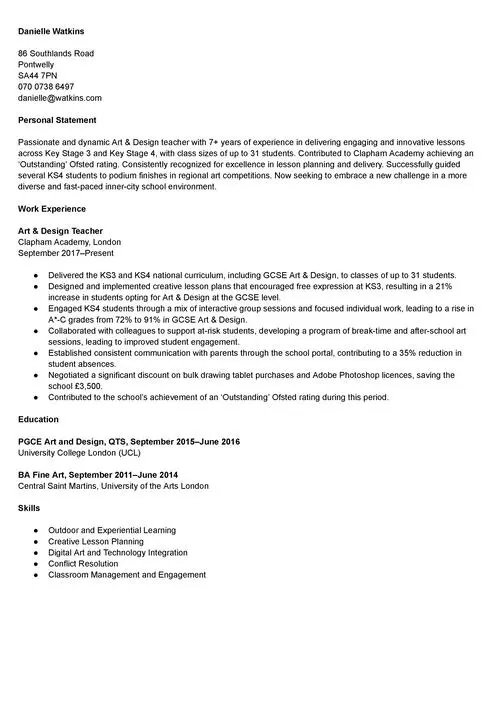 exemplu de CV pentru profesor