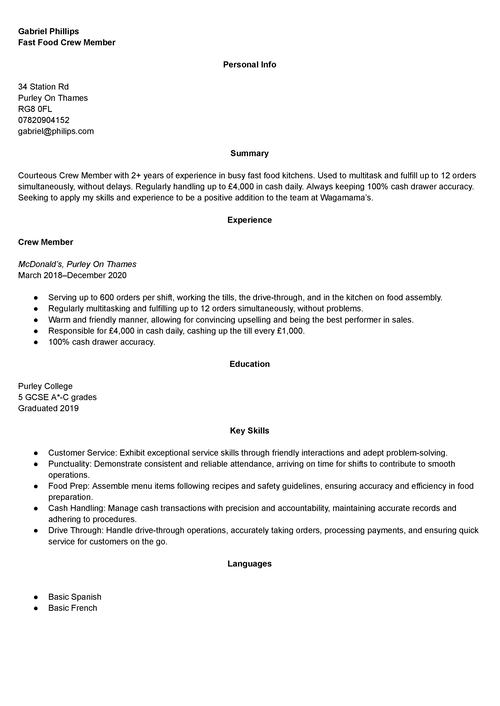 exemplu de CV pentru membru al echipajului de fast-food
