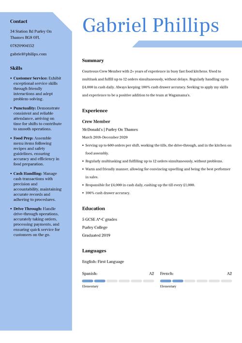 exemplu de CV pentru membru al echipajului de fast-food